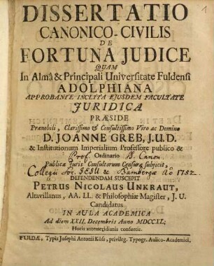 Dissertatio Canonico-Civilis De Fortuna Judice