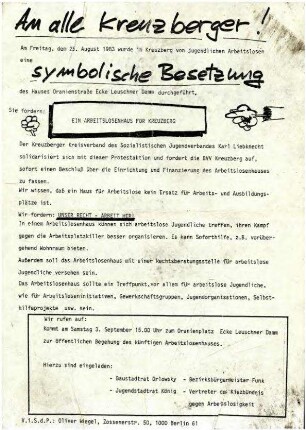 Flugschrift: Ein Arbeitslosenhaus für Kreuzberg, 1983