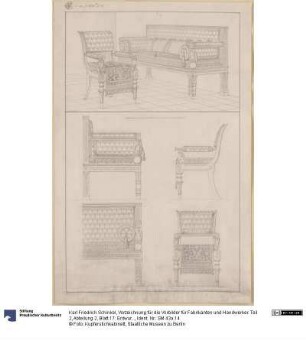 Vorzeichnung für die Vorbilder für Fabrikanten und Handwerker. Teil 2, Abteilung 2, Blatt 17: Entwurf für einen Armlehstuhl und ein Sofa für das Palais des Prinzen Albrecht von Preußen in der Wilhelmstraße 102 in Berlin