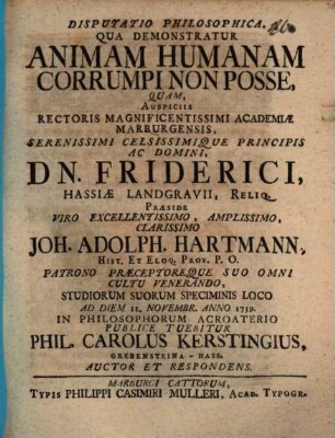 Disp. philos. qua demonstratur animam humanam corrumpi non posse