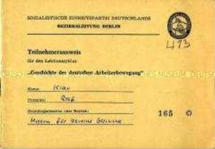 Teilnehmerausweis für den Lektionszyklus "Geschichte der deutschen Arbeiterbewegung"