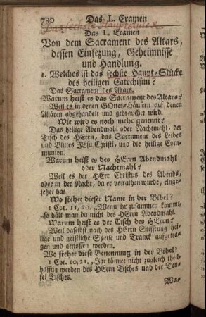 Das L. Examen. Von dem Sacrament des Altars, dessen Einsetzung, Geheimnisse und Handlung
