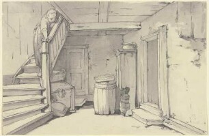 Diele in einem Bauernhaus, links eine Treppe, auf der ein Mädchen steht
