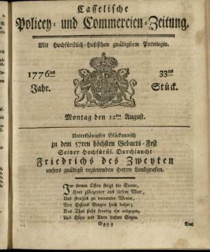 33tes Stueck, Montag den 12ten August 1776