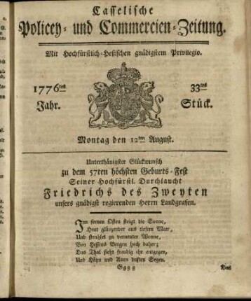 33tes Stueck, Montag den 12ten August 1776