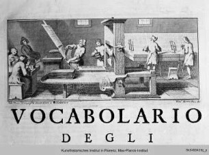 Vocabulario degli Accademici della Crusca (vierte Auflage) : Titelblatt von Bd. III (Beginn der Artikel zum Buchstaben L): Arbeit in der Druckerei