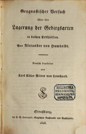 Geognostischer Versuch über die Lagerung der Gebirgsarten in beiden Erdhälften