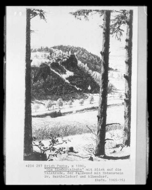 Die Ziedertalbahn (mit Blick auf die Talstraße, der Felswand mit Totenstein zwischen Berthelsdorf und Albendorf, Kreis Landeshut)