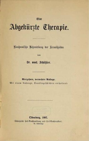 Eine abgekürzte Therapie : biochemische Behandlung der Krankheiten