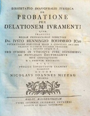 Dissertatione inauguralis iuridica de probatione per delationem iuramenti