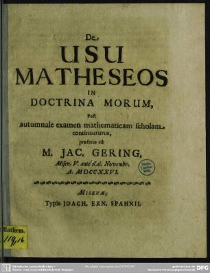 De Usu Matheseos In Doctrina Morum : Post autumnale examen mathematicam scholam ...