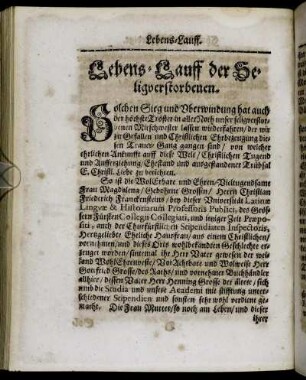 Lebens-Lauff der Seligverstorbenen.