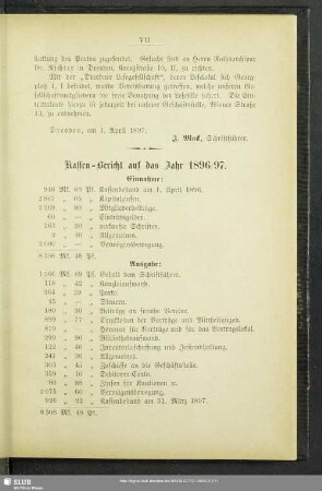Kassen-Bericht auf das Jahr 1896/97
