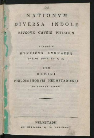 De Nationum Diversa Indole Eiusque Causis Physicis