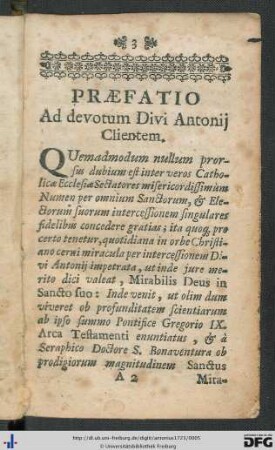 Praefatio ad devotum Divi Antonii Clientem.