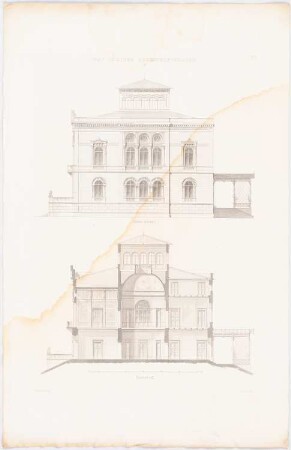 Werke der höheren Baukunst, Darmstadt 1856 Villa in einer Vorstadt: Aufriss Seitenansicht, Querschnitt