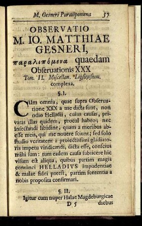 Observatio M. Io. Matthiae Gesneri, ...