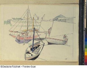 Boote im Hafen vor Kränen