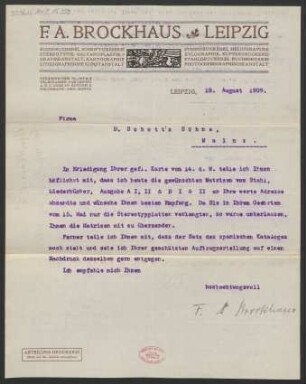 Brief an B. Schott's Söhne : 18.08.1909