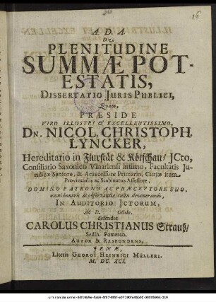 De Plenitudine Summae Potestatis, Dissertatio Iuris Publici