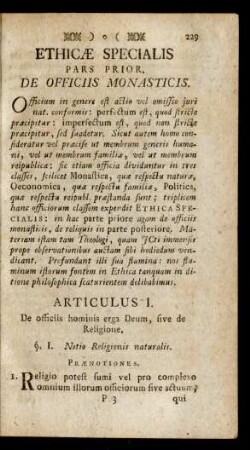 Ethicae Specialis Pars Prior. De Officiis Monasticis