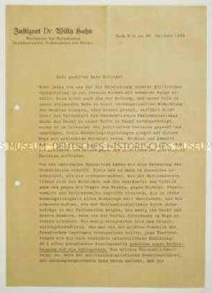 Offener Brief eines Justizrates an seine Kollegen mit Wahlpropaganda für die DNVP zur Reichstagswahl im November 1932