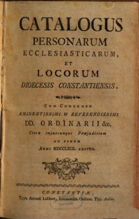Catalogus personarum ecclesiasticarum et locorum Dioecesis Constantiensis. 1769