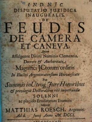 Disputatio iuridica inauguralis de feudis, de camera et caneva