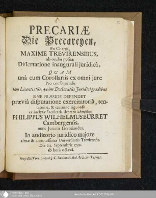 Precariae : Ex Chartis, Maxime Trevirensibus, ob oculos positae ; Dissertatione inaugurali juridicâ