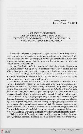 “Sprawy pogrzebowe Księcia Pawła Karola Sanguszki”: Przyczynek do badań nad sztuką funeralną w Polsce w 2. połowie XVIII wieku