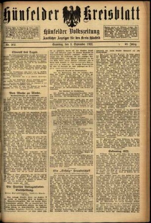 Ausgabe vom Samstag, den 02. September 1922.