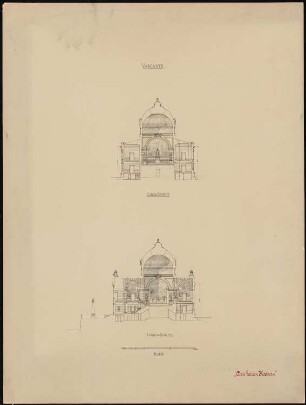 Ruhmeshalle und Kaiser-Friedrich-Museum (Oberlausitzer Gedenkhalle), Görlitz: Querschnitt, Längsschnitt (Variante), 1:200