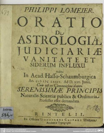 Oratio de astrologiae judiciariae vanitate