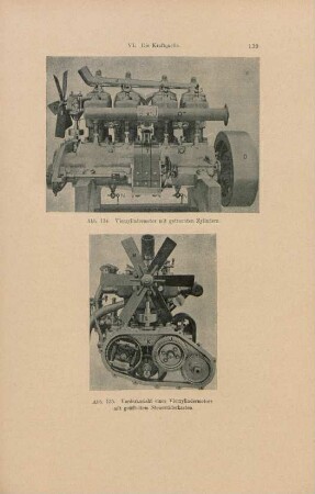 Abb. 134. Vierzylindermotor mit getrennten Zylindern. Abb. 135. Vorderansicht eines Vierzylindermotors mit geöffneten Steuerräderkasten