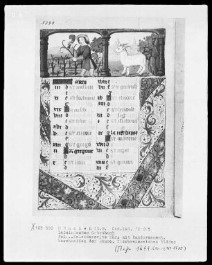 Lateinisches Gebetbuch mit französischem Kalender — Buchseite März mit Monatsarbeit und Tierkreiszeichen Widder