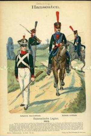 Uniformdarstellung, Gemeine der Infanterie, der Artillerie zu Fuß und der Reitenden Artillerie der Hanseatischen Legion, Freie Reichsstadt Hamburg, 1814.