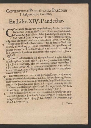 Controversiae Pandectarum Praecipuae a Respondente Collectae. Ex Libr. XIV. Pandectar.