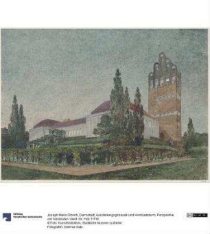 Darmstadt, Ausstellungsgebäude und Hochzeitsturm, Perspektive von Nordosten