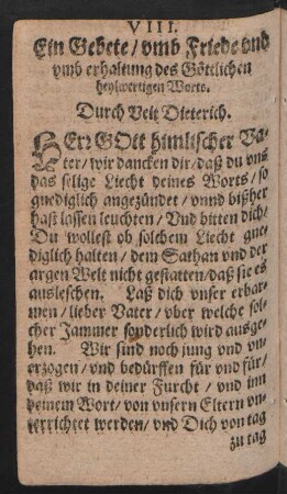 Ein Gebete/ umb Friede und umb erhaltung des Göttlichen heylwertigen Worts. Durch Veit Dieterich.