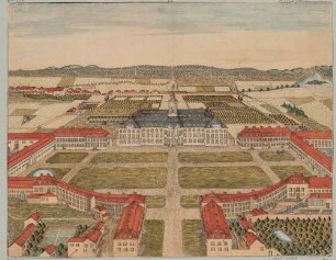 Das kurfürstlich-sächsische Jagdschloss Hubertusburg in Wermsdorf bei Oschatz, ab 1721 errichtet, (von August III.), seitenverkehrte Vorzeichnung