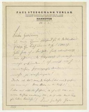 Brief von Paul Steegemann an Raoul Hausmann. Hannover. Briefkopf: "PAUL STEEGEMANN VERLAG [...]"