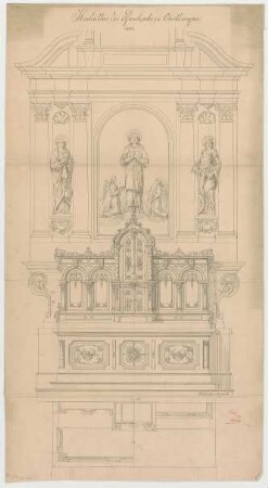 Müller, Josef Anton; Oberthiengau; Pfarrkirche - Hochaltar (Grundriss m. Schnitt, Ansicht)