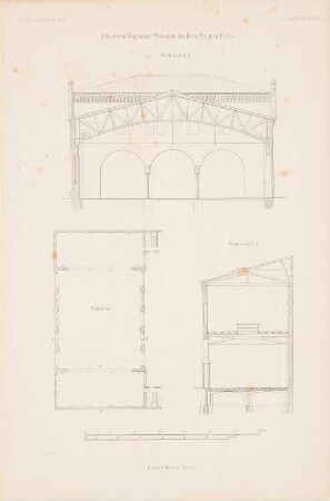 Eisenbahnwagen-Bauwerkstatt F.A. Pflug, Berlin: Grundriss, Schnitt AB, Schnitt CD (aus: Atlas zur Zeitschrift für Bauwesen, hrsg. v. G. Erbkam, Jg. 4, 1854)
