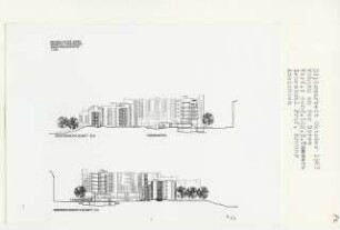 Wohnen an der Spree, Berlin-Tiergarten (Diplomarbeit bei Willy Kreuer): Ansichten von Südosten, Nordwesten und Schnitte 1:200