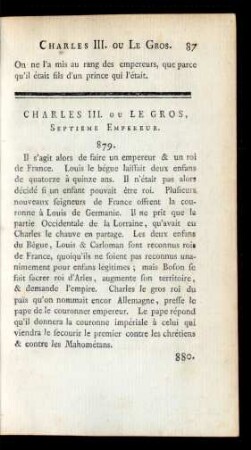 Charles III. ou Le Gros, Septieme Empereur.