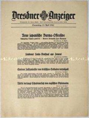 Nachrichtenblatt "Dresdner Anzeiger" mit internationalen Kurzmeldungen