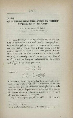 Sur la transformation homographique des propriétés métriques des figures planes.