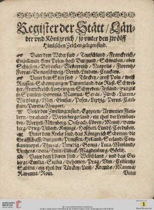 Register der Staett / Laender vnd Koenigreich / so vnter den zwoelff himlischen Zeichen gelegen sind
