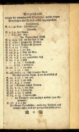 Verzeichnis einiger der vornehmsten Druckfehler welche wegen Abwesenheit des Verfassers sich eingeschlichen.
