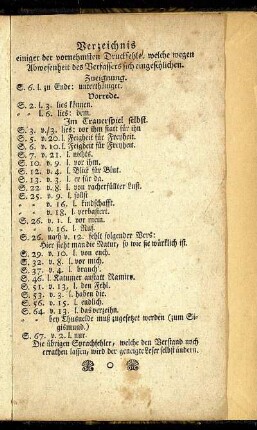 Verzeichnis einiger der vornehmsten Druckfehler welche wegen Abwesenheit des Verfassers sich eingeschlichen.